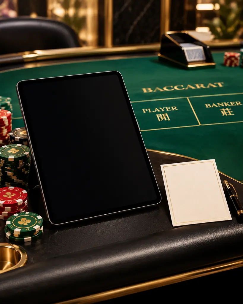Tablet dan kartu catatan kosong di dekat meja baccarat
