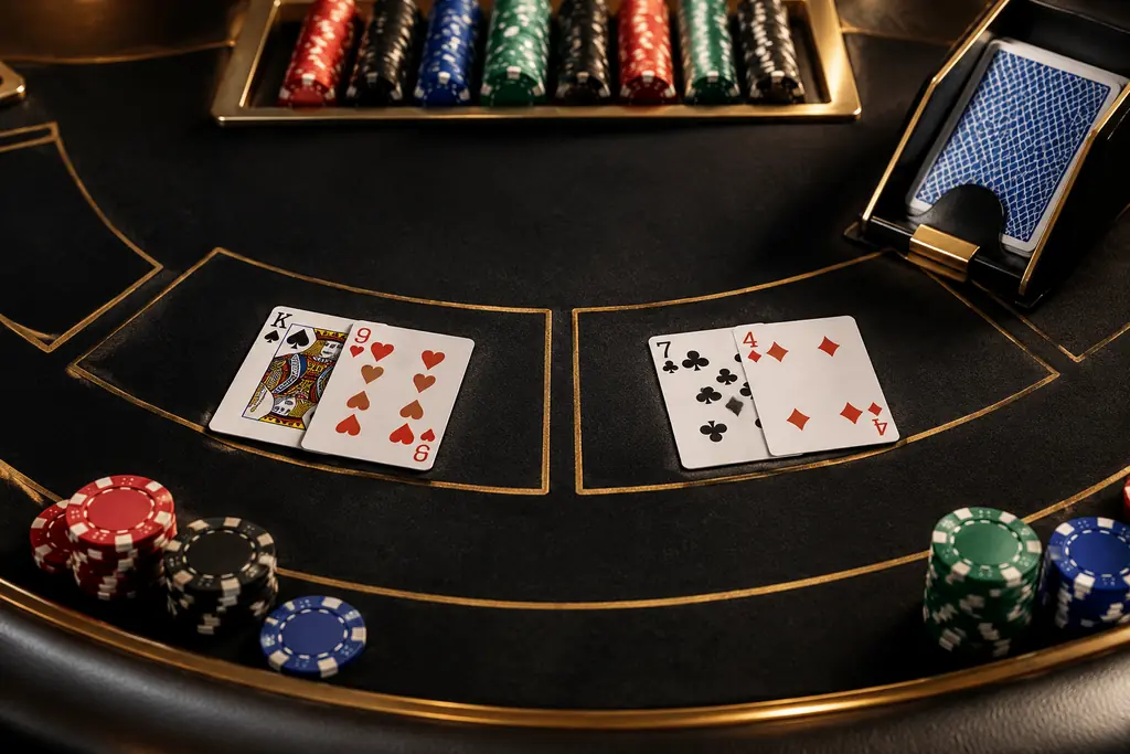 Dua tangan kartu di atas kain meja baccarat