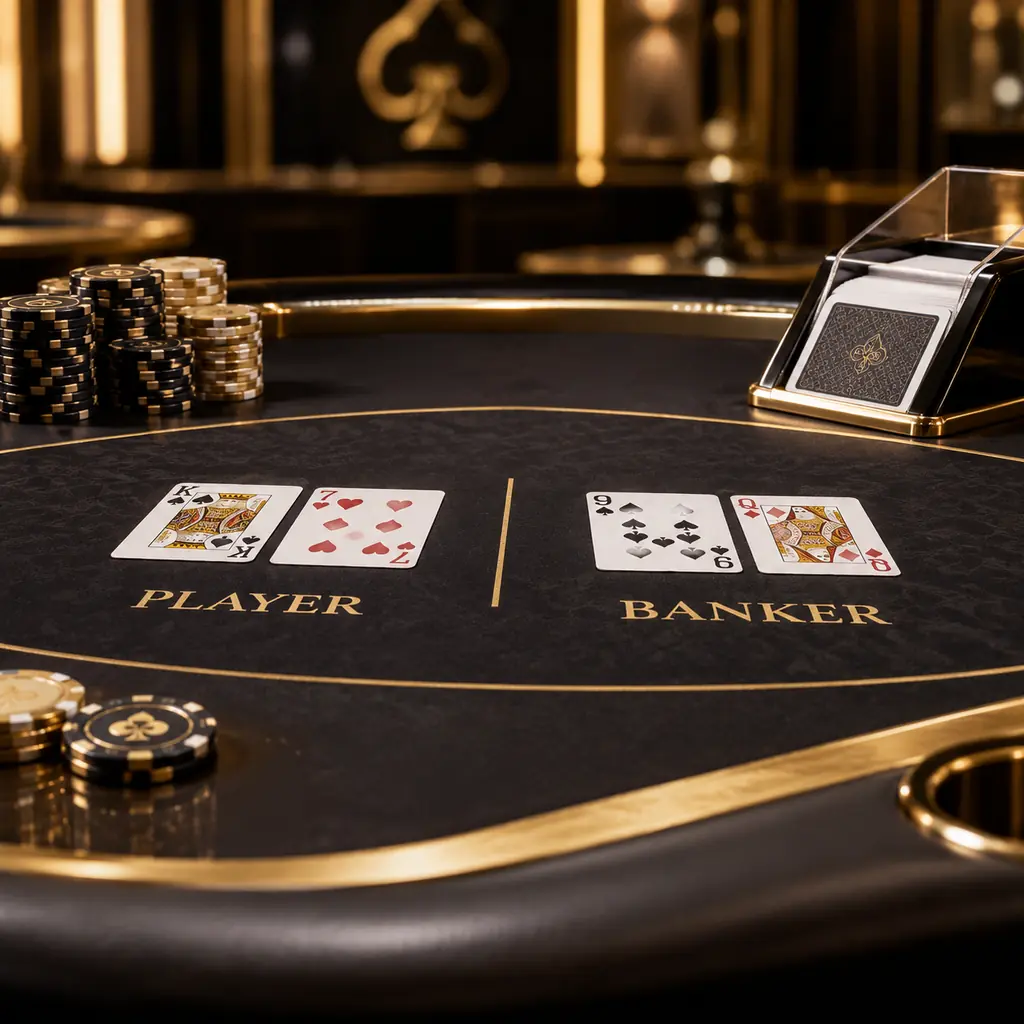 Meja baccarat dengan kartu dan tumpukan cip