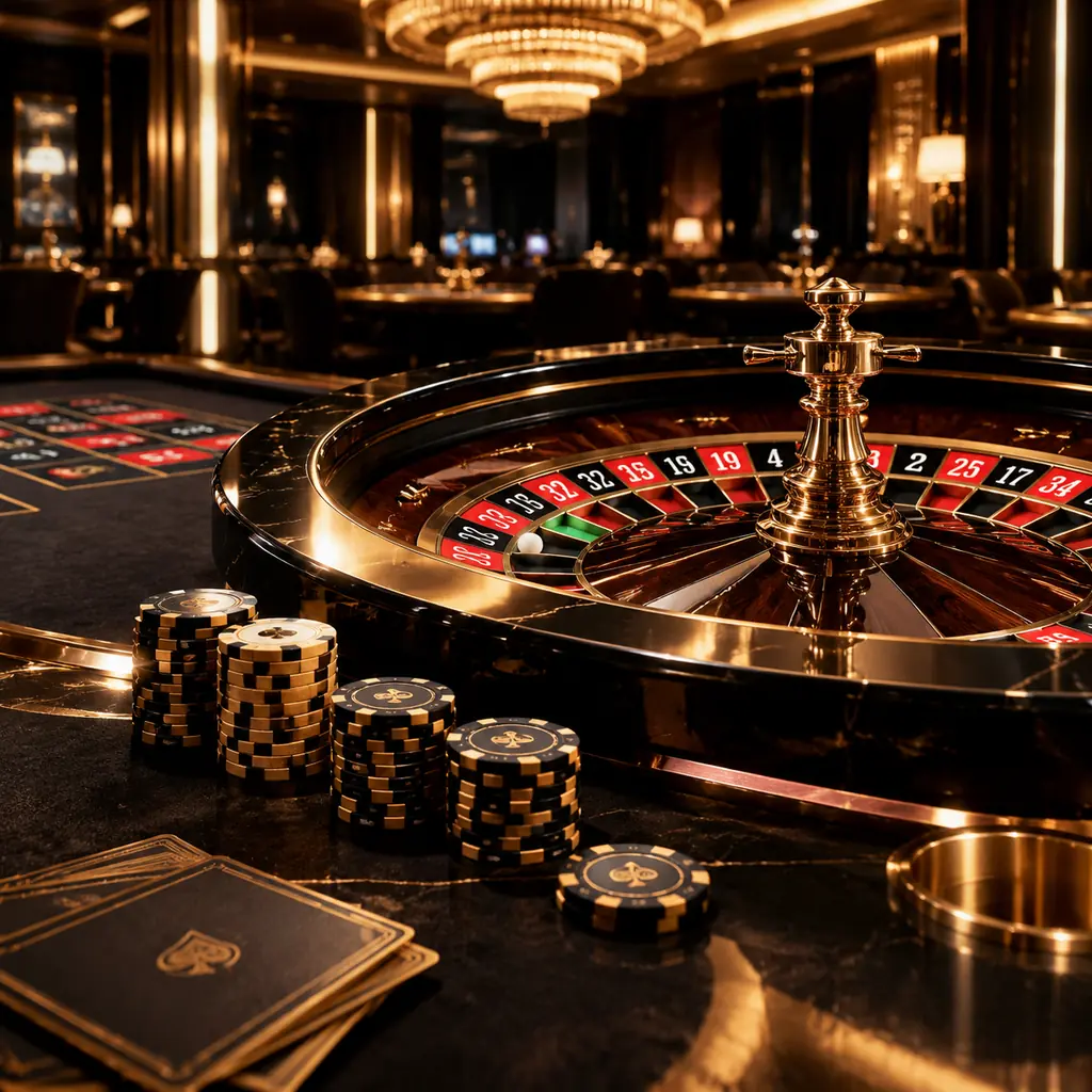 Sudut meja roulette di ruang kasino dengan cahaya sampanye
