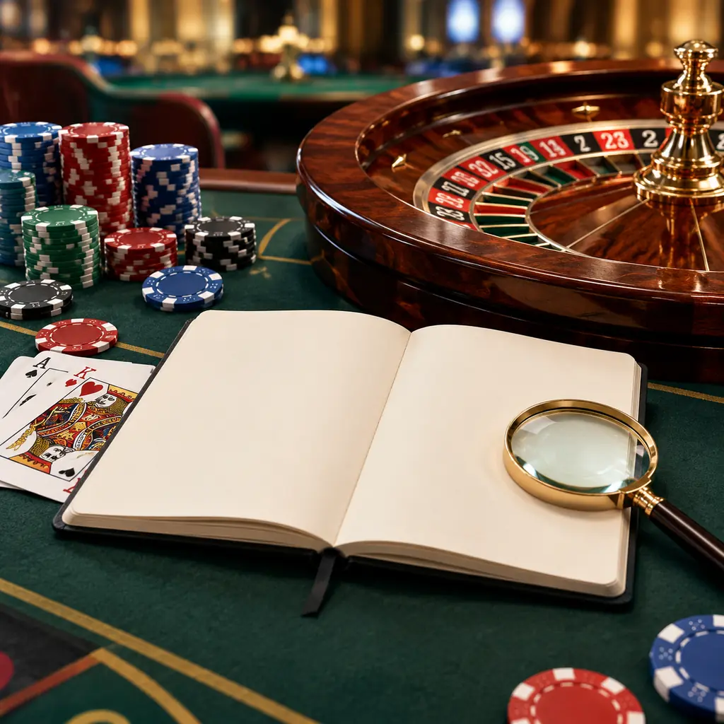 Buku catatan terbuka dan kaca pembesar dekat roda roulette