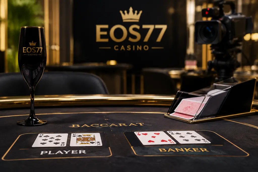 Meja baccarat dengan kamera siaran di latar