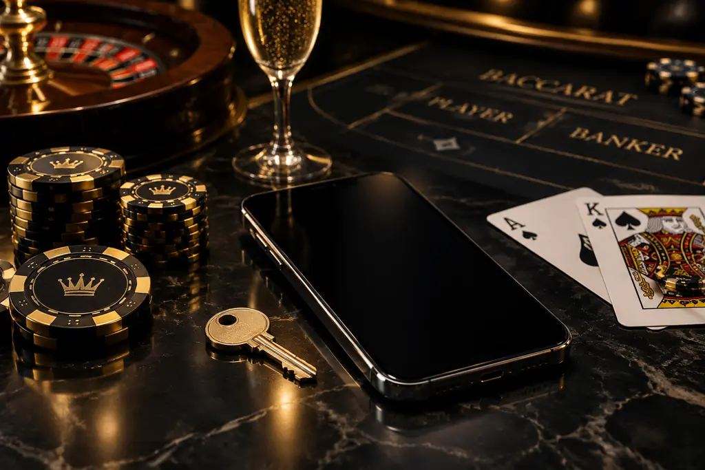 Kunci dan ponsel pada meja samping baccarat