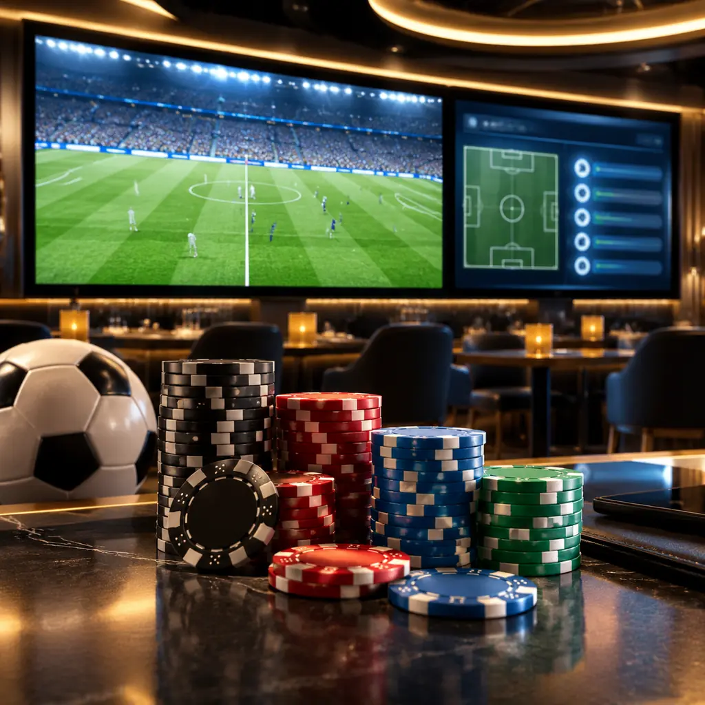 Layar pertandingan generik dan cip di area sportsbook kasino